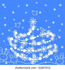 bonito fondo de invierno con árboles de navidad, copos de nieve, aves y conejos