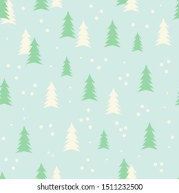 Cute winter background with Christmas trees. Mint green backdrop. Vector seamless pattern for seasonal occasion. 