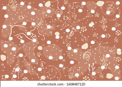 Cute Winter Background with hand drawn snowflakes, polar bear, ornaments, stars and other winter doodles on subtle blue background. Hand Drawn design. Vector Illustration