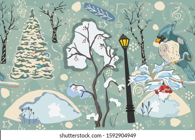 Cute Winter Background with Lovely Bird and Christmas Tree, pastel blue background with different doodles. Vector Illustration