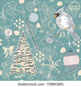 Cute Winter Background with Lovely Bird and Christmas Tree, pastel blue background with different doodles. Vector Illustration