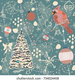 Cute Winter Background with Lovely Bird and Christmas Tree, pastel blue background with different doodles. Vector Illustration - Shutterstock ID 734024458