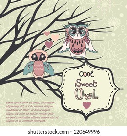 Cute winter  background with owls and hearts