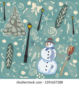 Cute Winter Background with Snowman Character, Street Lantern and Spruce Tree. Vector Illustration.