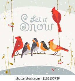 Cute winter backyard birds. Let it snow lettering. Red Northern Cardinal, robin on snow background of city garden. Colorful cartoon. New year event banner background. Christmas greeting vector design