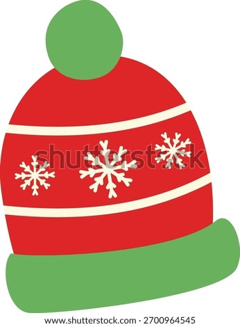cute winter beanie hat with christmas ball on top and snowflakes pattern. Christmas elements. Flat vector illustration