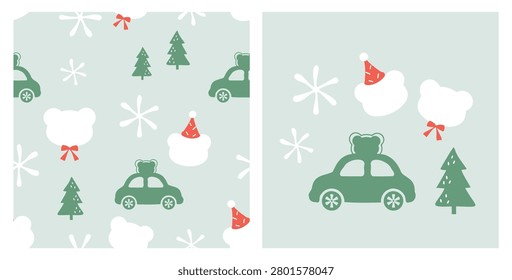 Cute winter bear and car seamless pattern with snowy trees, party hats and snowflakes on pastel green background, adorable holiday animal illustration for nursery and fabric design.