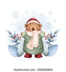 Cute winter bear and floral