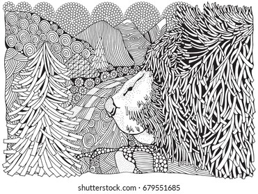 Cute Winter Bear in the forest. Fir trees, river and mountain. Eco. Coloring book page for adult and children. Zentangle. Black and white monochrome background. A4 size.