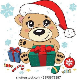 Cute winter bear with gift boxes and Christmas decorations, snowflakes on white background