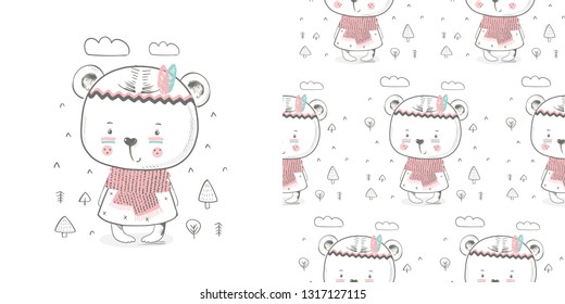 Cute winter bear. hand drawn color character with seamless pattern.Can be used for t-shirt print, kids wear fashion design, baby shower invitation card. - Vector 