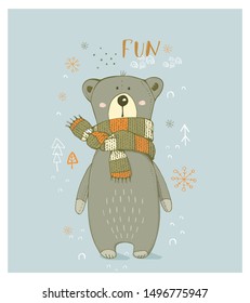 Cute  winter bear. hand drawn vector illustration. Can be used for t-shirt print, kids wear fashion design, baby shower invitation card greeting card.