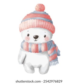 Cute Winter Bear in Hat and Scarf