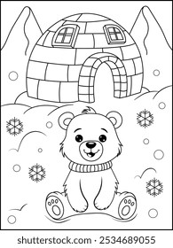 Cute Winter Bear with Igloo and Snowflakes .Kids Coloring Page.