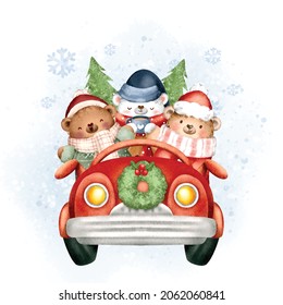 Cute winter bear riding red car