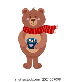 Cute winter bear in scarf and cocoa illustration in simple style. Children's illustration with animal Christmas