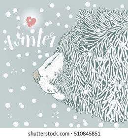 Cute Winter and bear. Snowing. Heart.