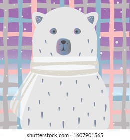 Cute Winter Bear wit shiny scarf and beautiful pinkish sky to match. Falling Snow. Vector Illustration.