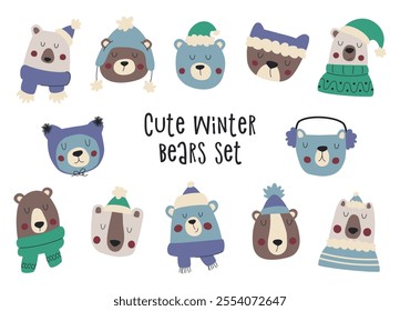 Cute winter bears. Bear heads wearing winter hats, scarves and jumpers. Hand drawn animals for children's postcard designs.