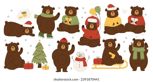 Cute winter bears cartoon characters enjoying cold season, celebrating Christmas and New Year holidays, birthday party, having fun outdoors, making snowman, skiing and sledding set vector illustration