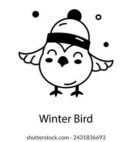 Cute winter bird wearing beanie, line style icon