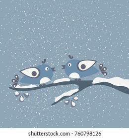 Cute Winter Birds tweeting on a branch of tree covered with snow. First Snow. Vector Illustration