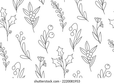 Cute winter black   white floral seamless pattern minimalist background  Hand drawn simple minimal line art branch and berries   leaves repeat texture  Black contour line outline vector winter