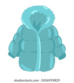 Cute winter blue jacket in flat design. Seasonal child warm outerwear. Vector illustration isolated.