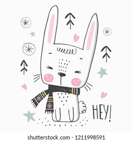 Cute winter Bunny. Cartoon hand drawn vector illustration.