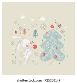 Cute winter Bunny with christmas tree. hand drawn vector illustration, Can be used for baby t-shirt print, fashion print design, kids wear, baby shower celebration greeting and invitation card.