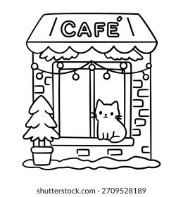 Bonito café de inverno frente de loja com gato na janela colorir página contorno