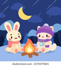 Cute winter camping illustration of a bunny and cat sitting by a campfire under the moonlight, enjoying hot drinks in a snowy mountain setting.