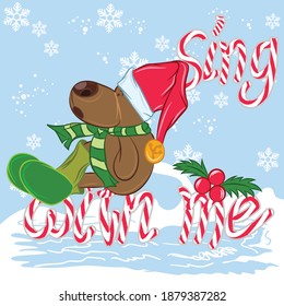Cute winter card with hand drawn bear and lettering "Sing with me"