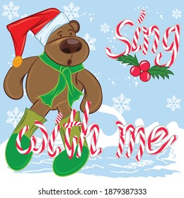Cute winter card with hand drawn bear and lettering "Sing with me"