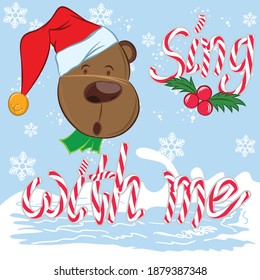 Cute winter card with hand drawn bear and lettering "Sing with me"