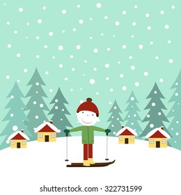 Cute winter card with the happy boy