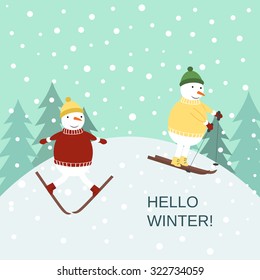 Cute winter card with snowman on the ski