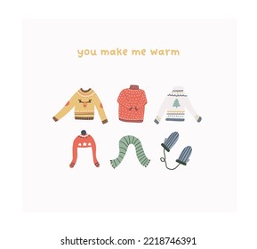 Carta de invierno con sudaderas calientes, sombrero y mitones. Dibujo de doodle dibujado a mano xmas ilustración infantil vectorial en estilo plano para camisetas de niños, tarjeta de impresión