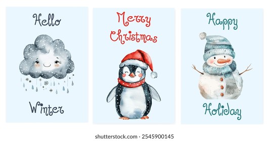 Nette Winterkarten im Aquarellstil. Flauschiger Pinguin, Schneemann und Schneewolke mit saisonalen Winterbeschriftungen. Hallo Winter. Frohe Weihnachten und schöne Feiertage.