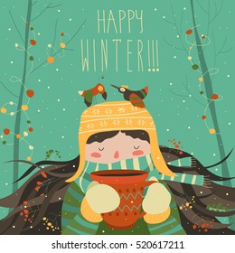 Cute winter cartoon girl with coffee