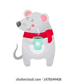 Cute winter cartoon mouse character with a hot cup, wearing a scarf. Chinese zodiac symbol of the year. Vector illustration