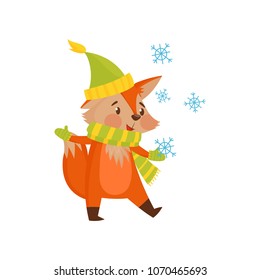 Cute winter cartoon red fox character with hat and scarf vector Illustration on a white background