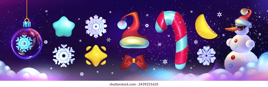 Cute winter cartoon snowman,  сhristmas ball, candy cane, snowflakes, stars . Vector illustration. Eps 10
