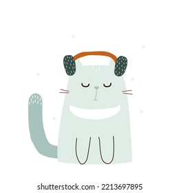 Cute winter cat. Childish graphic. Vector hand drawn illustration.