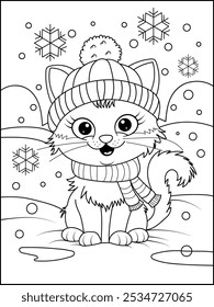 Cute Winter Cat in Hat and Scarf with Snowflakes. Fun Kids Coloring Page.
