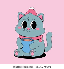 Cute winter cat holding coffee cup