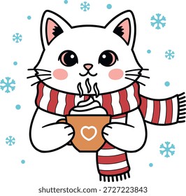Gato de inverno bonito com bebida quente e cachecol
