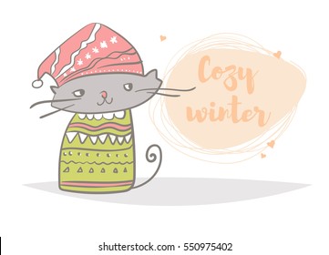 Cute winter cat. Vector. Cartoon. Isolated. Flat. Hand drawn
