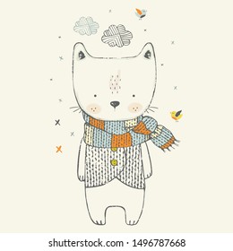 Cute winter Cat wearing scarf . hand drawn vector illustration. Can be used for t-shirt print, kids wear fashion design, baby shower invitation card greeting card.