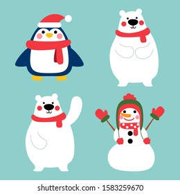 cute winter character friends illustration,penguin polar bear and snowman character set